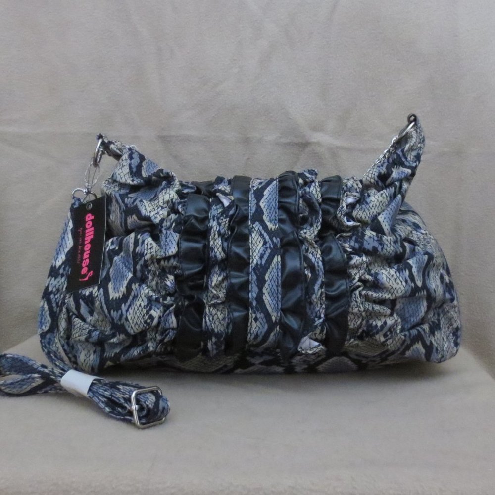 NEW Dollhouse Purse Blue Gray Black Snakeskin Print Crossbody Shoulder Hobo Bag